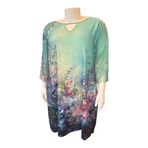 Stunning Floral Pastel Watercolor Blue Green Pink 3/4 Sleeve Dress Women's 4XL